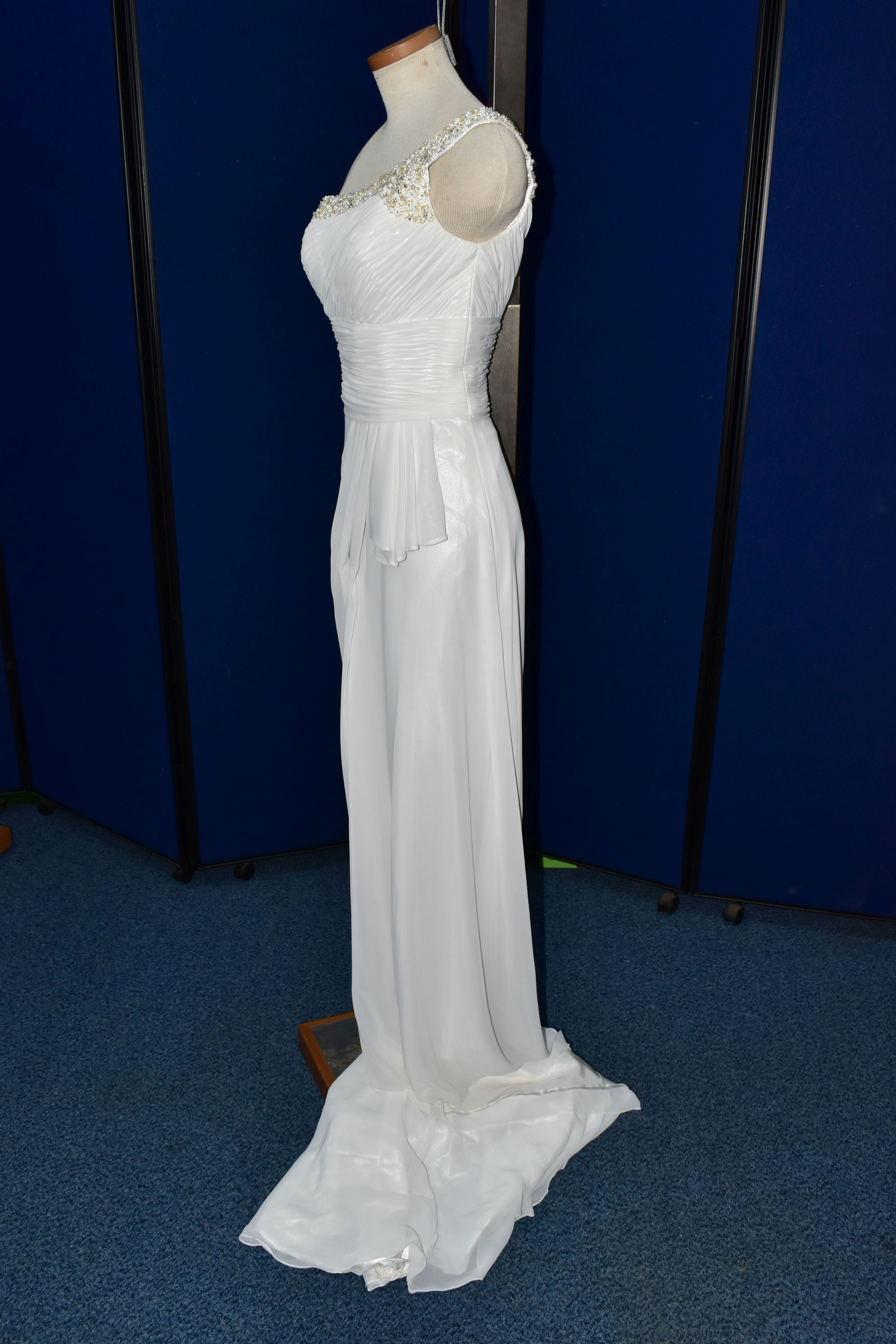 WEDDING DRESS, ruched bodice, one shoulder, ivory, Grecian style, approximate size 8/10 (1) - Image 4 of 5