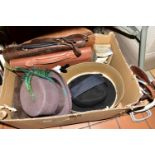 A BOX OF ASSORTED SUNDRY ITEMS ETC, to include a Dunhill tan leather document case, model FK6060T,
