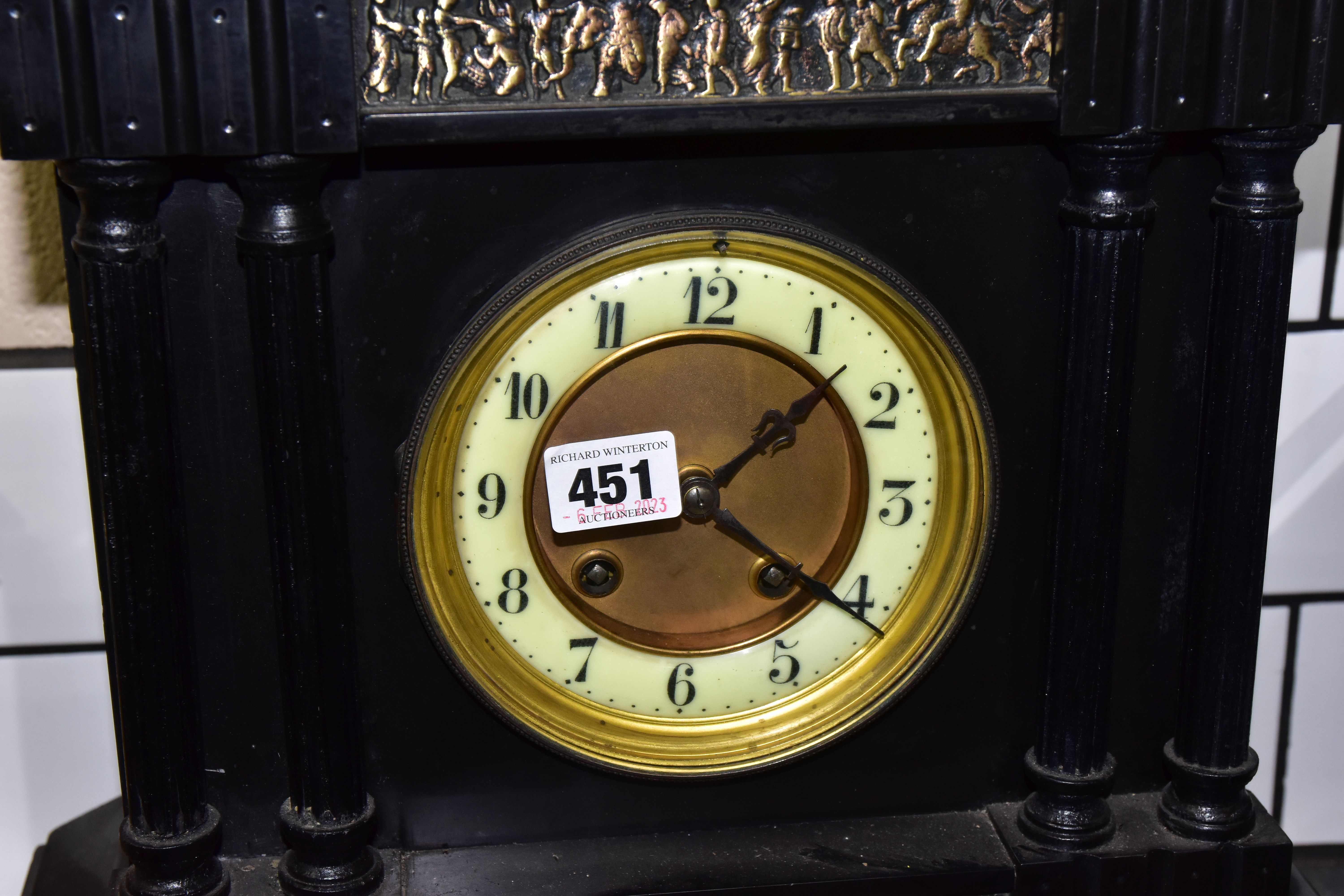 A LATE 19TH CENTURY BLACK SLATE MANTEL CLOCK, Japy Freres movement, bearing inscription 'Prince of - Image 2 of 6
