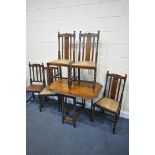 A SMALL EARLY TO MID 20TH OAK BARLEY TWIST GATE LEG TABLE, and a set of four oak chairs, and a