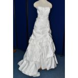 WEDDING DRESS, white pleated satin, strapless, beaded waist band size 14/16 (1)