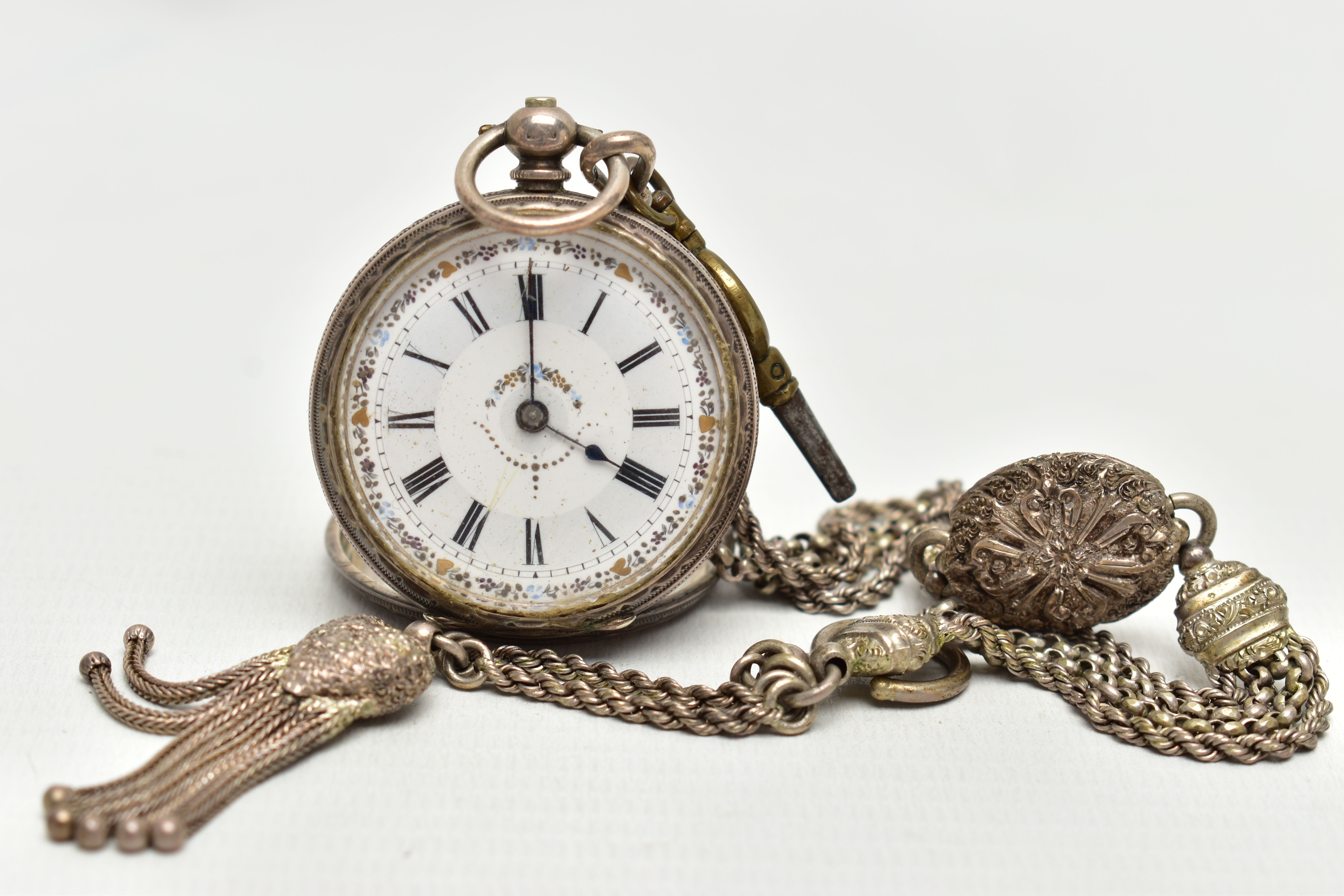 A LADY'S SILVER OPEN FACE POCKET WATCH WITH ALBERTINA, key wound pocket watch, round white dial with
