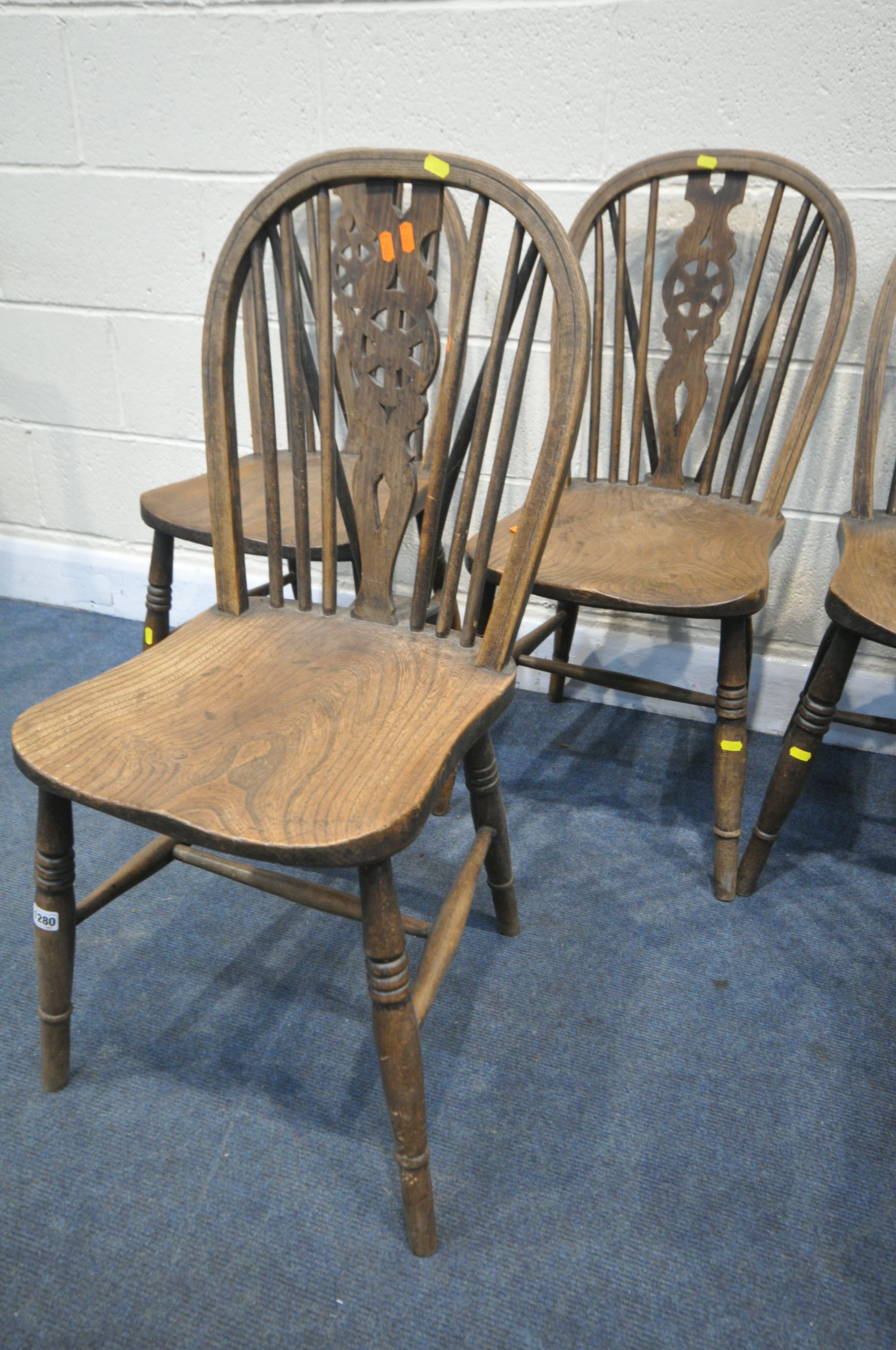 A SET OF SIX 19TH CENTURY ELM AND BEECH WHEELBACK CHAIRS (condition:-historical woodworm, some - Image 2 of 3