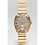 A 9CT GOLD 'J.W.BENSON' WRISTWATCH, manual wind, round silver dial signed 'J.W.Benson, London',