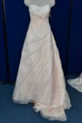 WEDDING DRESS, 'Kenneth Winston'-Private Label by G, strapless, pastel peach, beaded lace appliques,