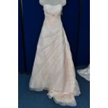 WEDDING DRESS, 'Kenneth Winston'-Private Label by G, strapless, pastel peach, beaded lace appliques,