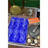 A BOX AND LOOSE SUNDRY ITEMS ETC, to include a boxed set of six Edinburgh crystal wine glasses,