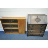 A 20TH CENTURY OAK FALL FRONT BUREAU, with a fitted interior, above four drawers, and a teak