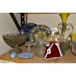 A SMALL COLLECTION OF GLASS AND CERAMICS, comprising a Murano style candle holder in the form of a