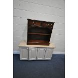 A CREAM FINISH FOUR DOOR SIDEBOARD, width 126cm x depth 45cm x height 72cm, and a mahogany two