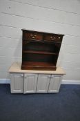 A CREAM FINISH FOUR DOOR SIDEBOARD, width 126cm x depth 45cm x height 72cm, and a mahogany two