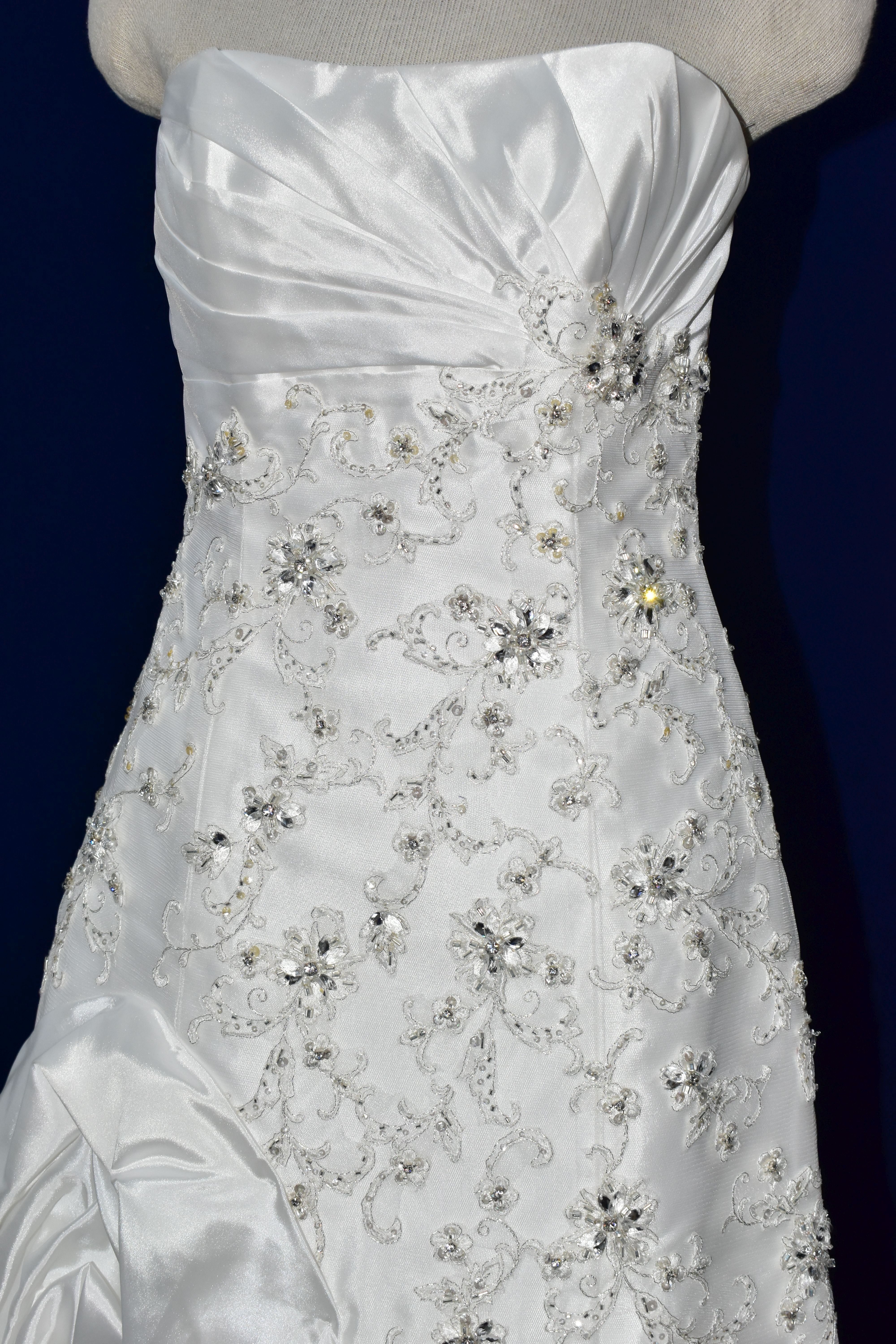 WEDDING GOWN, 'Sophia Tolli' white satin, size 8, strapless, ruched skirt, beaded detail on - Image 3 of 17