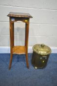 A CYLINDRICAL BRASS COAL BUCKET, with a lid, along with a mahogany plant stand (condition:-surface