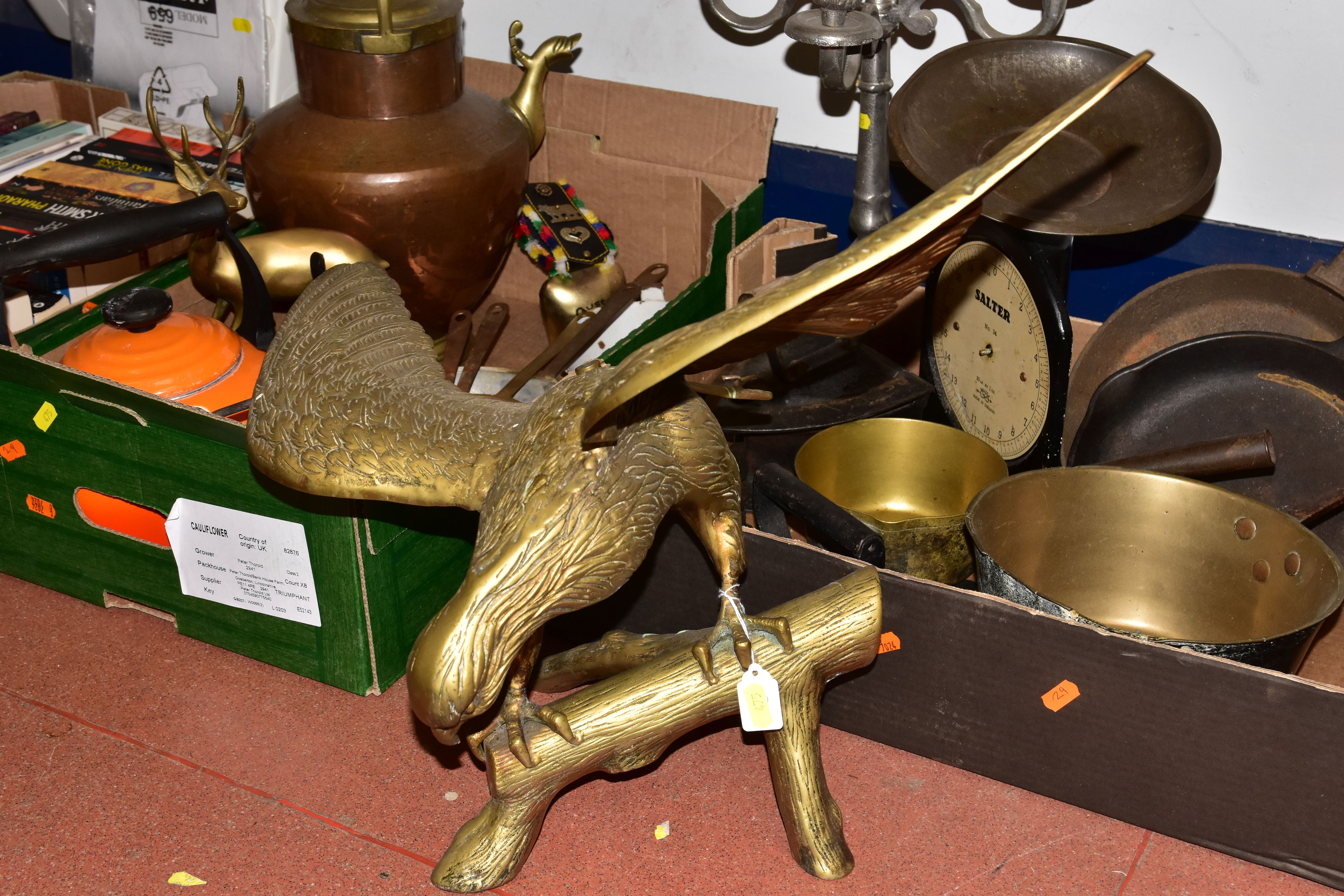 THREE BOXES AND LOOSE METALWARES, to include a large brass eagle perched on a branch, height 50cm, - Image 2 of 6