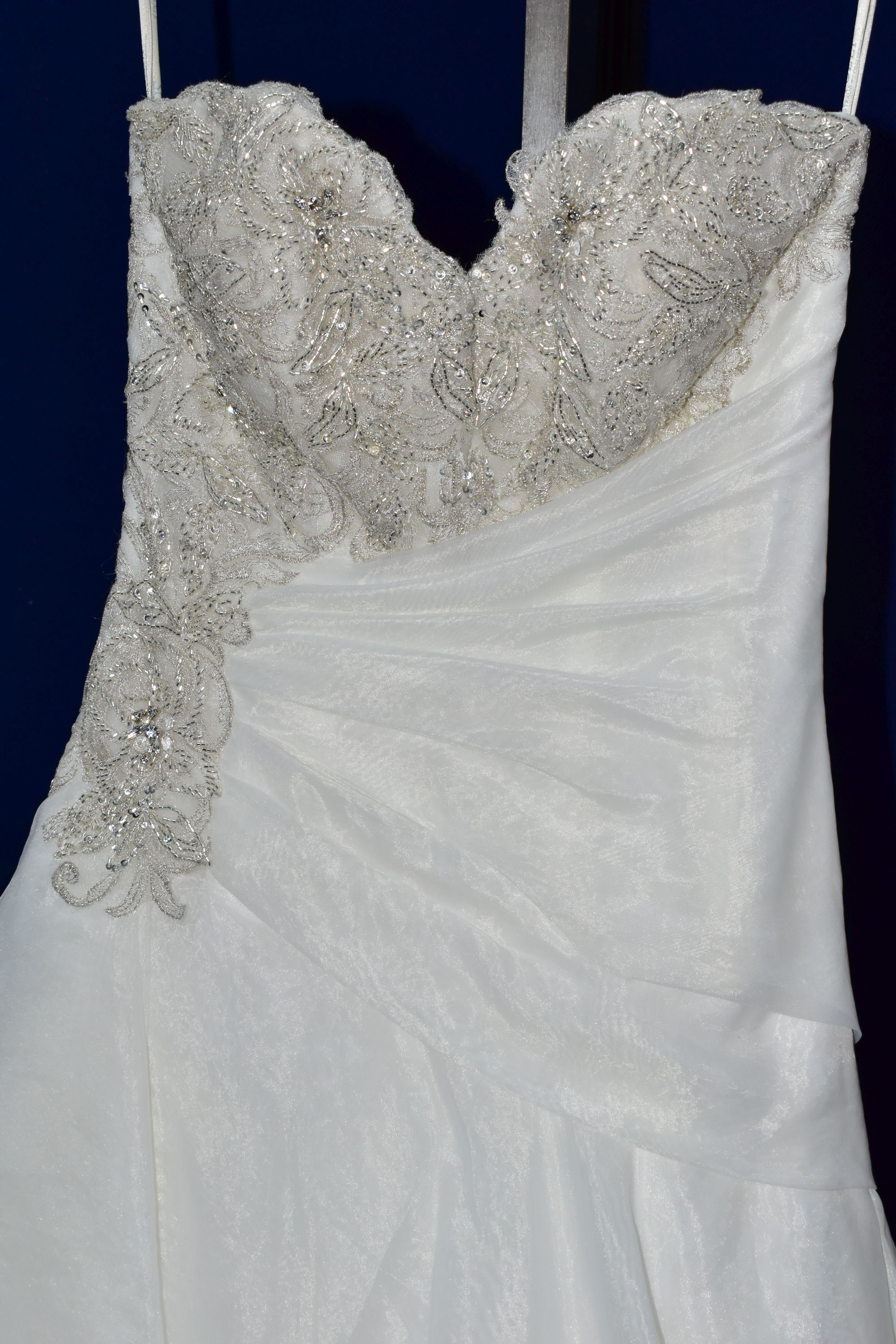 WEDDING DRESS, size 6, long train, pewter accent beaded appliques, strapping detail in the back, - Image 3 of 10