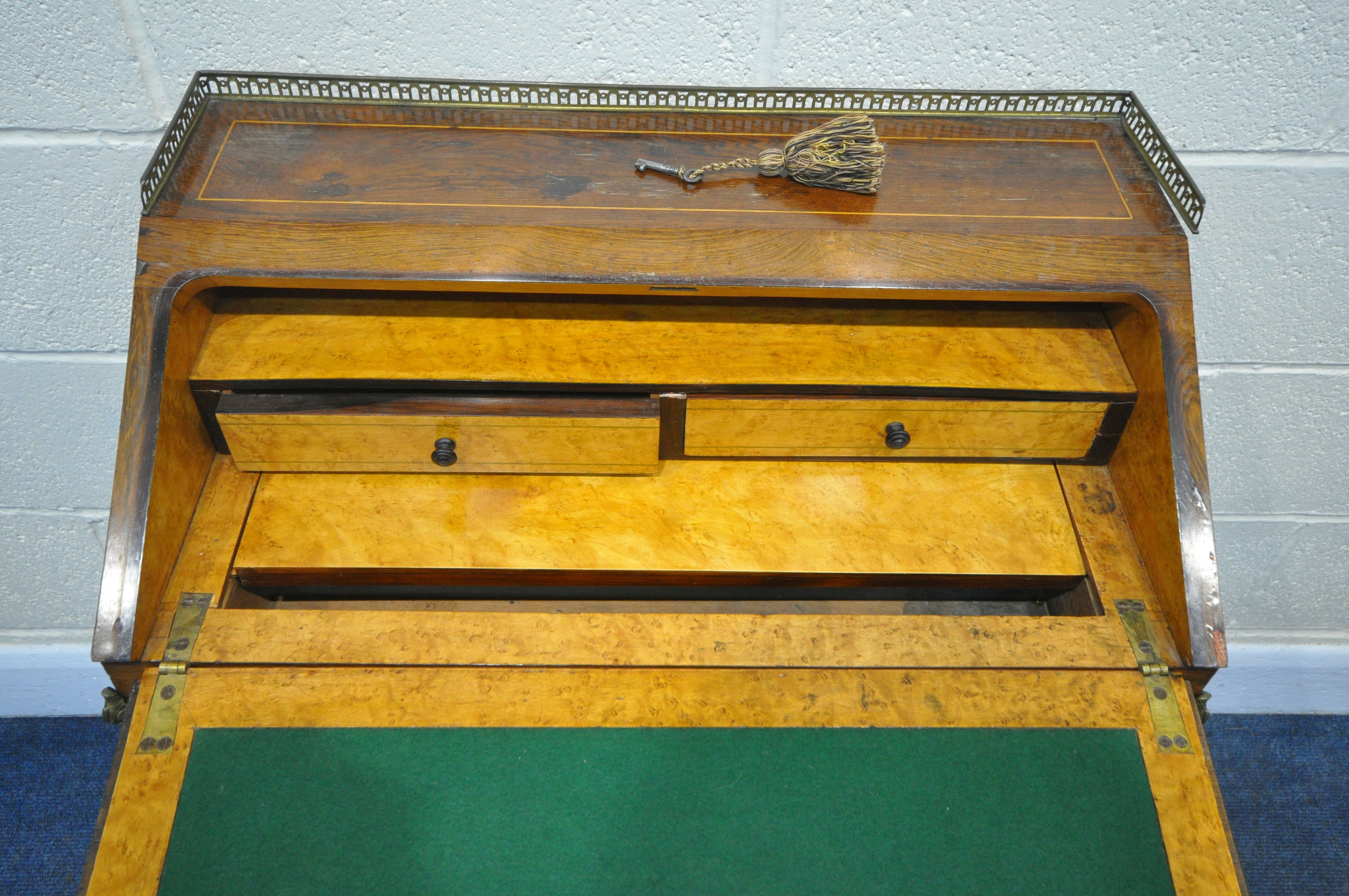 A LOUIS XVI STYLE KINGWOOD AND MARQUETRY INLAID BUREAU DE DAME, with a brass gallery, the fall front - Image 3 of 5