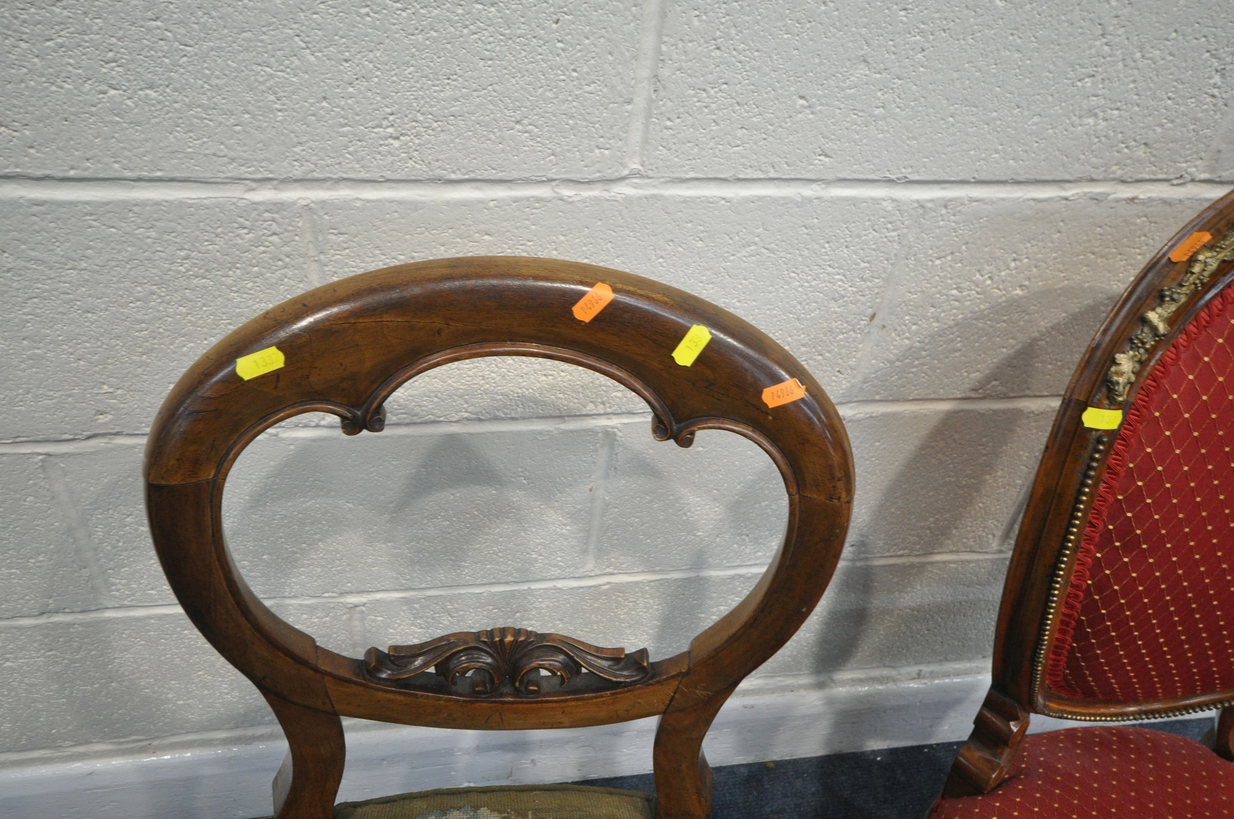 A 19TH CENTURY LOUIS XVI STYLE WALNUT SPOON BACK CHAIRS, with brass mounts, and red fabric, along - Image 4 of 4