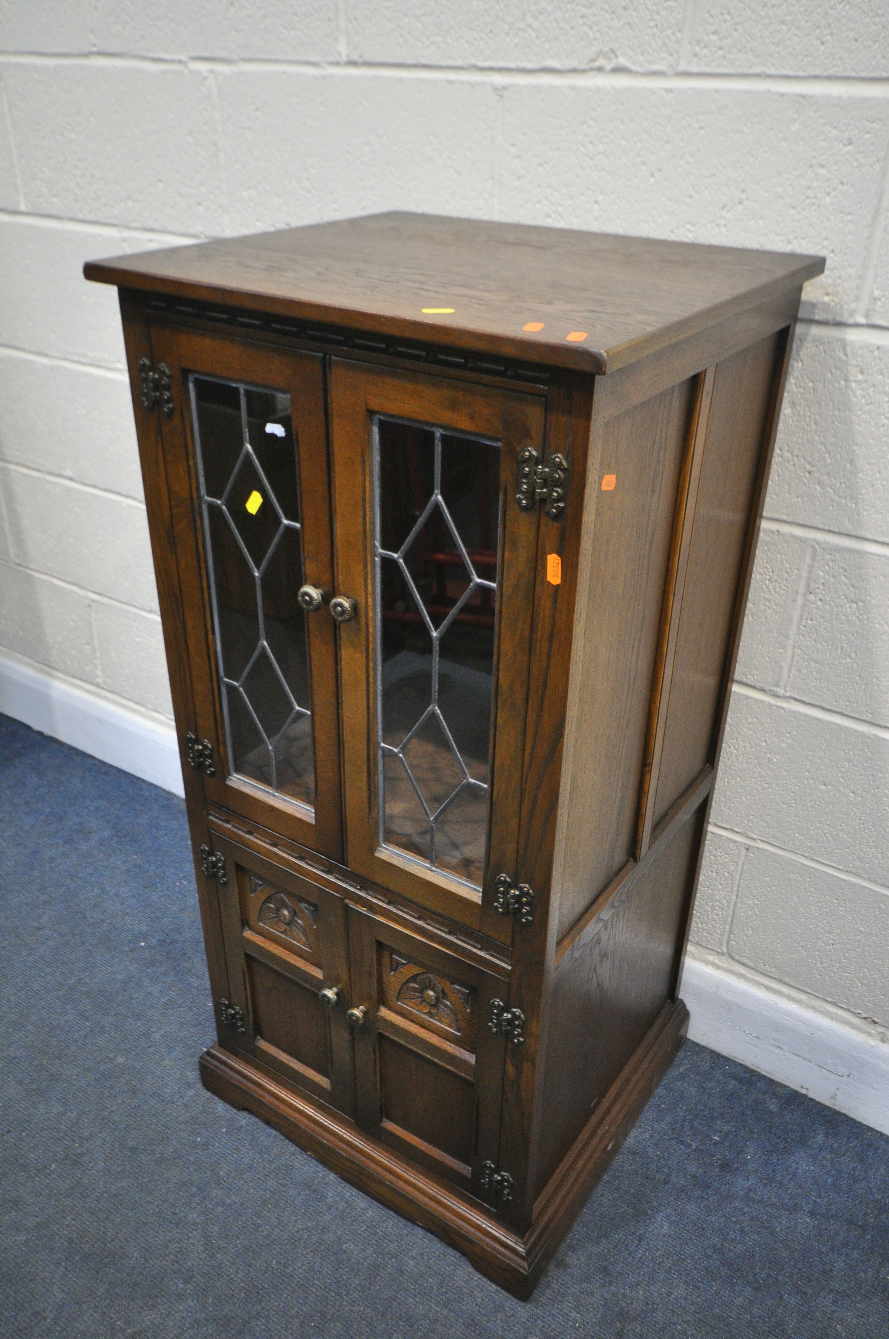 AN OLD CHARM OAK TWO DOOR LEAD GLAZED DISPLAY CABINET, with three glass shelves, width 61cm x - Image 5 of 5