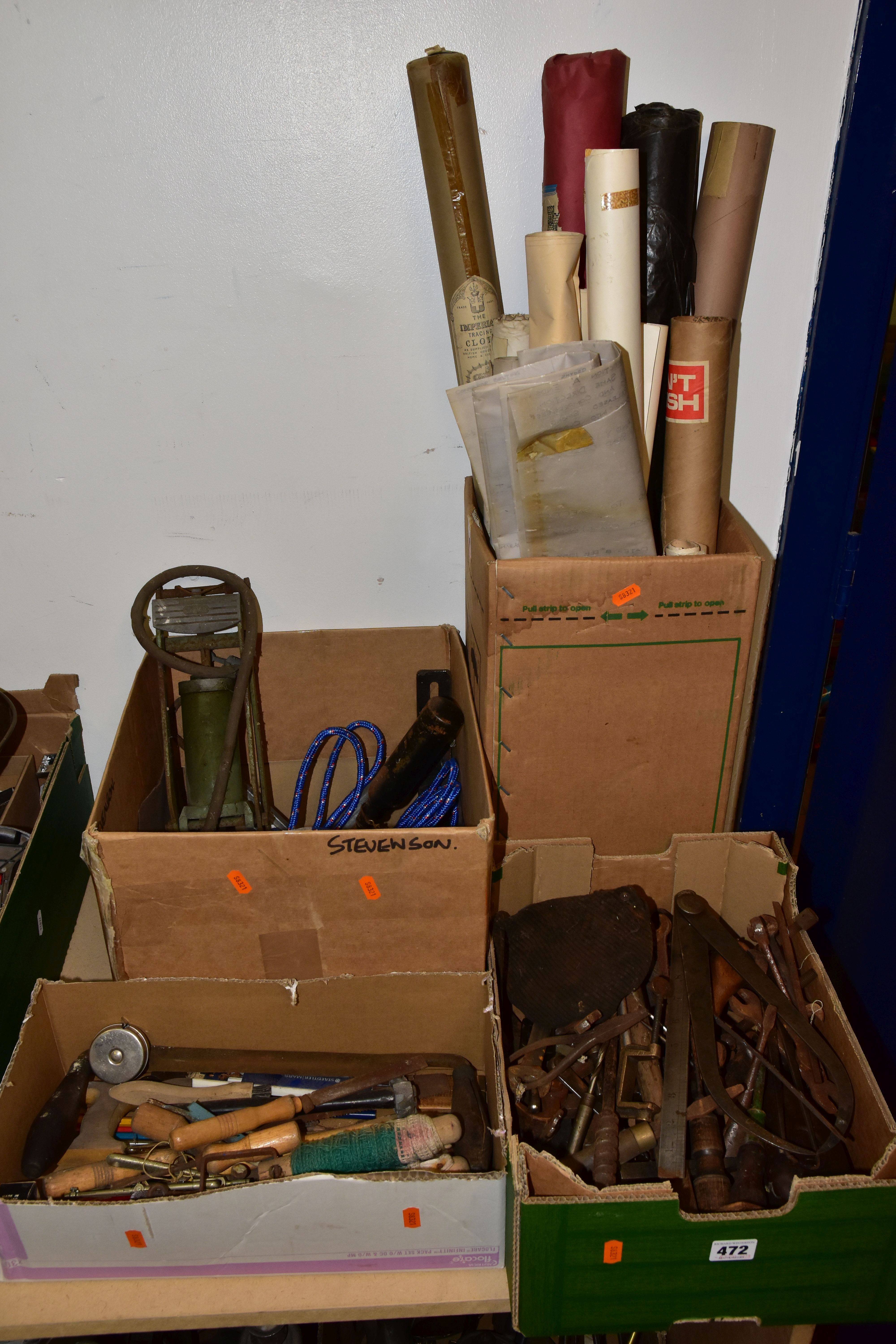 FOUR BOXES OF MISCELLANEOUS VINTAGE HAND TOOLS & TRACING PAPER to include files, screwdrivers,