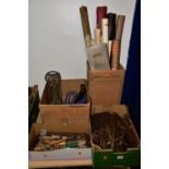 FOUR BOXES OF MISCELLANEOUS VINTAGE HAND TOOLS & TRACING PAPER to include files, screwdrivers,