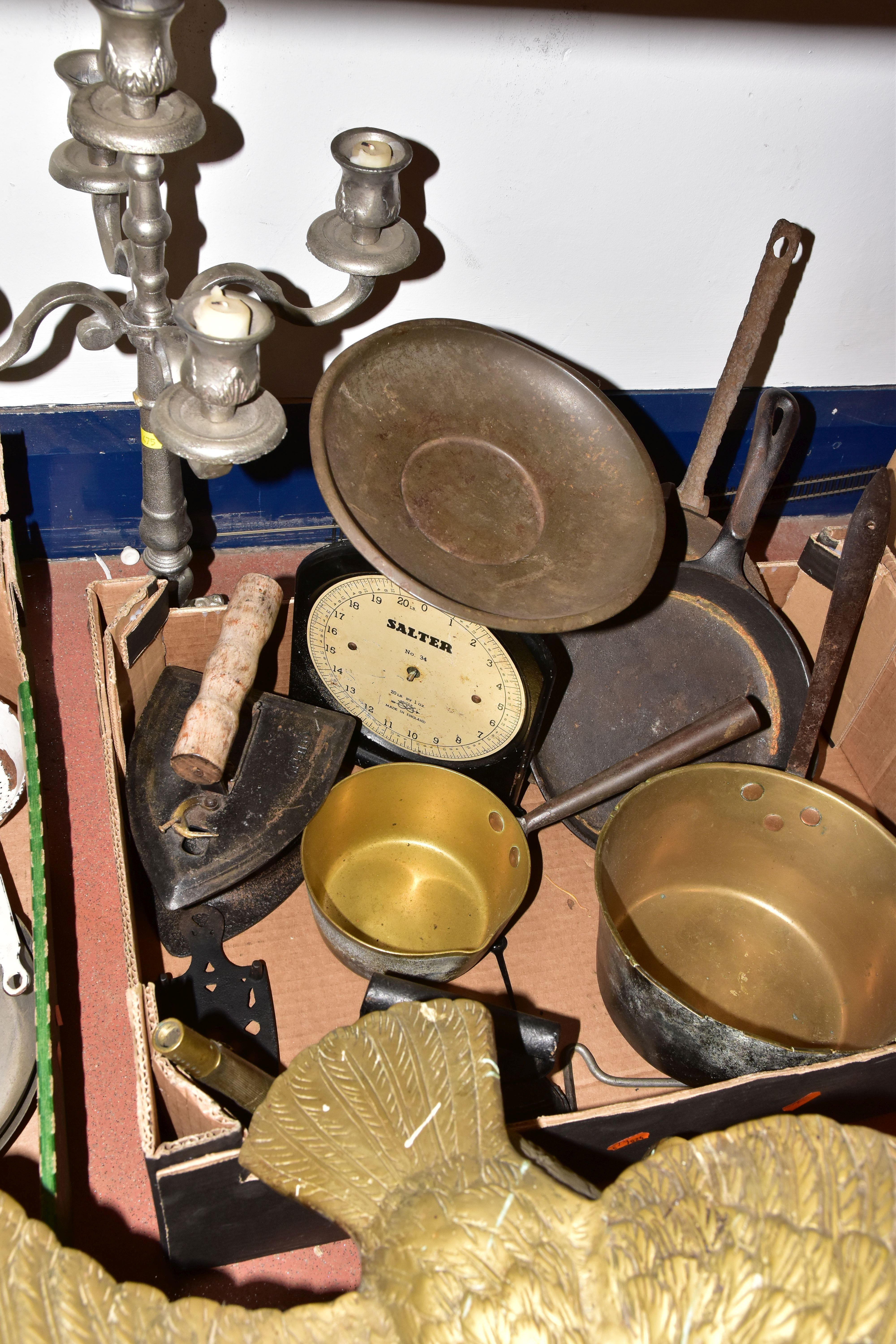 THREE BOXES AND LOOSE METALWARES, to include a large brass eagle perched on a branch, height 50cm, - Image 4 of 6