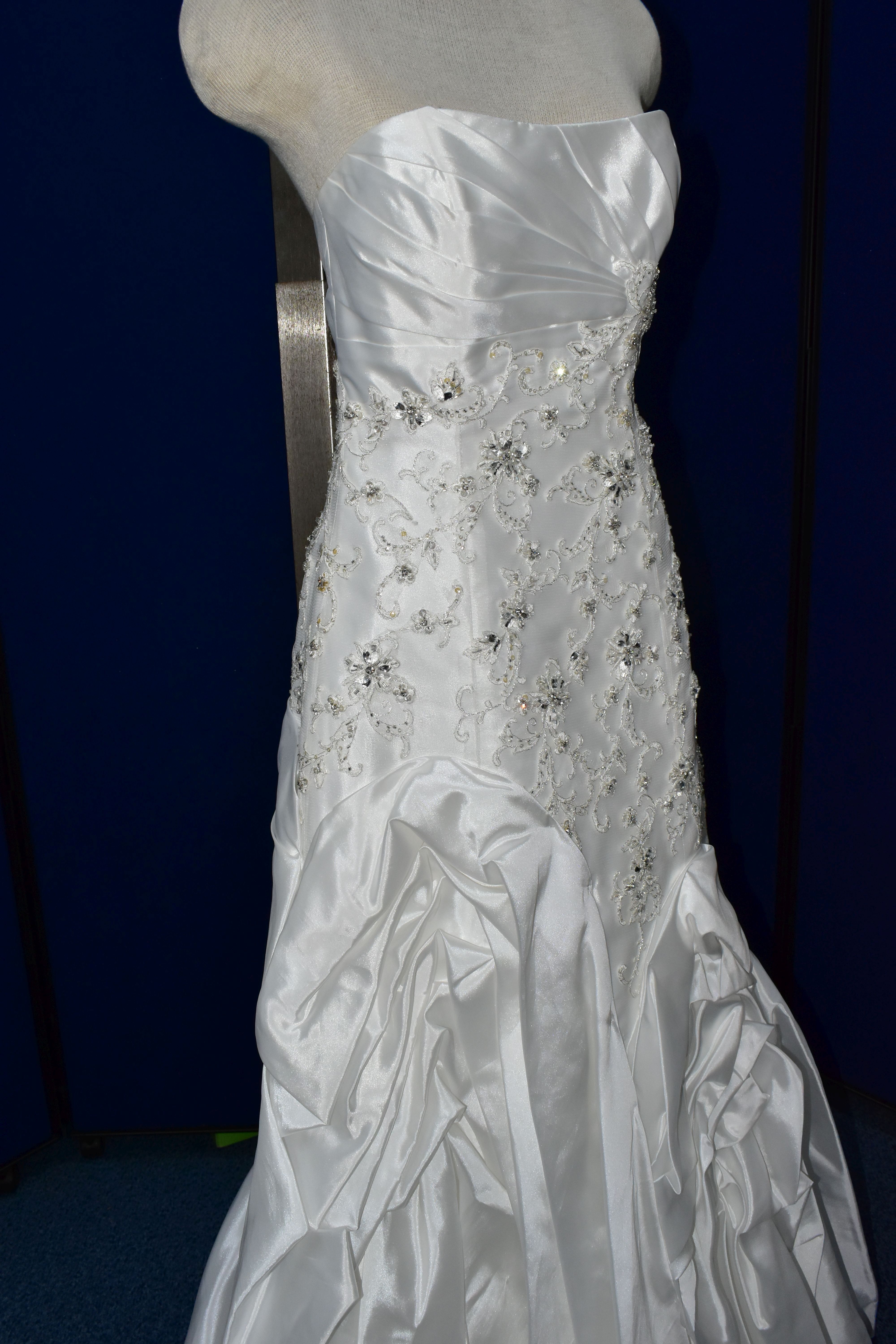 WEDDING GOWN, 'Sophia Tolli' white satin, size 8, strapless, ruched skirt, beaded detail on - Image 11 of 17