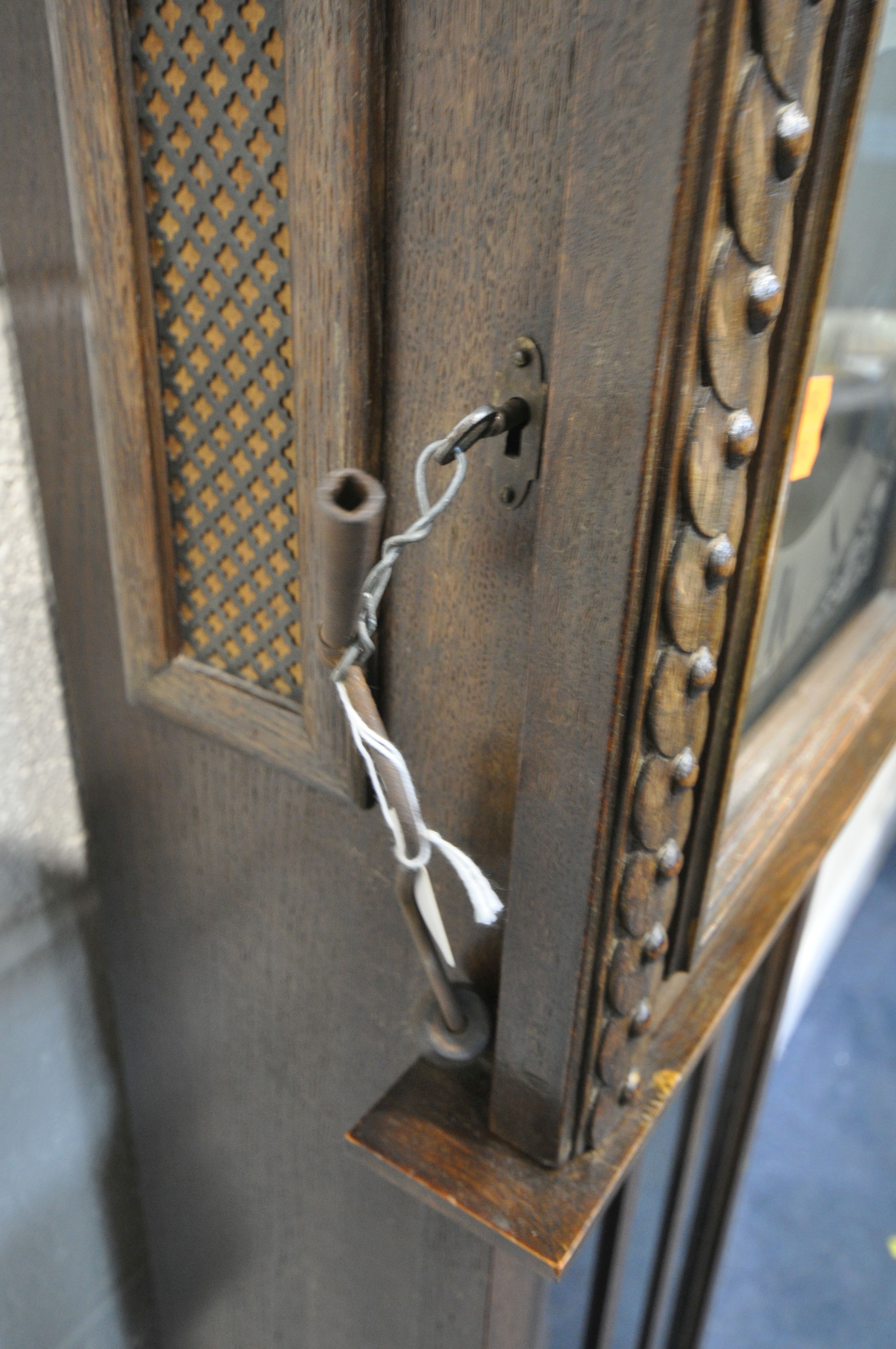 AN EARLY TO MID 20TH CENTURY OAK LONGCASE CLOCK, with a brass and silvered 9 inch dial, Roman - Image 3 of 5