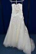 WEDDING DRESS, 'Sophia Tolli' ivory satin and tulle, very long train, off the shoulder, beaded