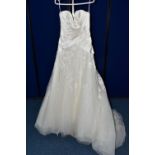 WEDDING DRESS, 'Sophia Tolli' ivory satin and tulle, very long train, off the shoulder, beaded