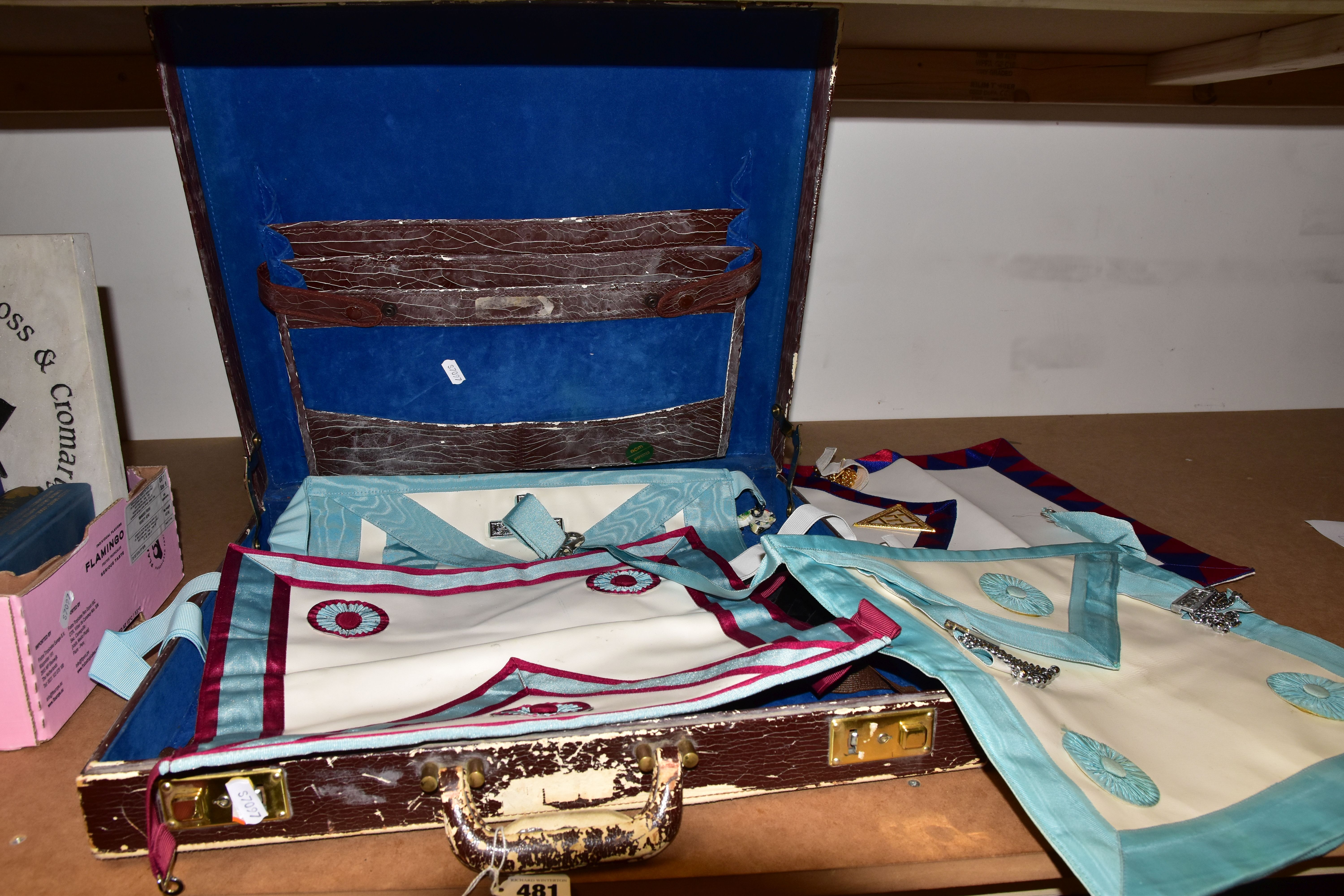 FREEMASONRY INTEREST, A BOX AND A BRIEFCASE OF RELATED ITEMS, to include four aprons, a stone plaque - Image 3 of 5