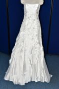 WEDDING GOWN, 'Sophia Tolli' white satin, size 8, strapless, ruched skirt, beaded detail on