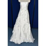 WEDDING GOWN, 'Sophia Tolli' white satin, size 8, strapless, ruched skirt, beaded detail on