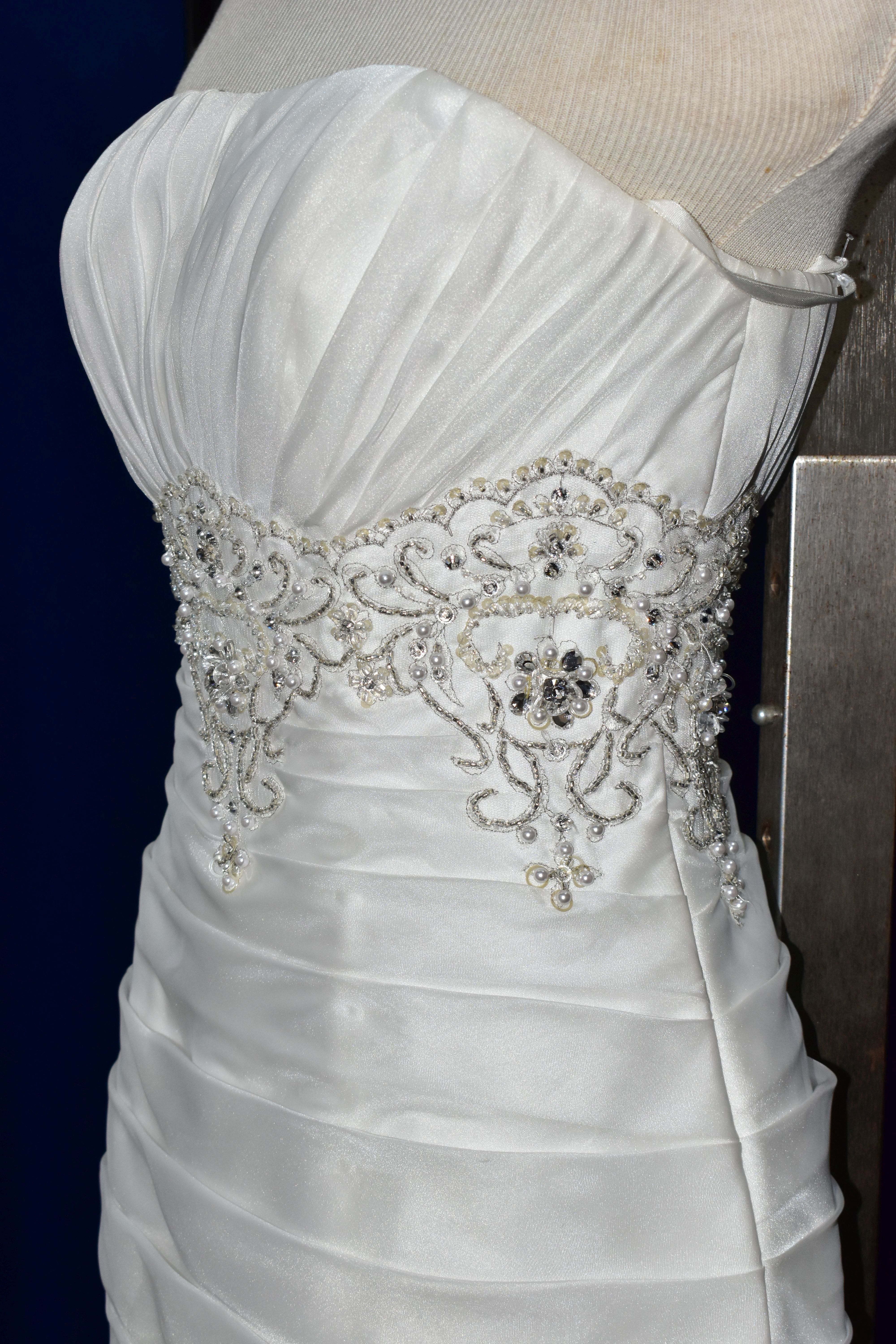 WEDDING GOWN, white strapless gown, pleated bodice pearl and beaded appliques, size 10 (1) - Image 9 of 14