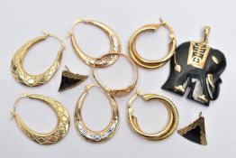 AN ASSORTMENT OF 9CT GOLD AND YELLOW METAL JEWELLERY, to include a pair of double hoop earrings with