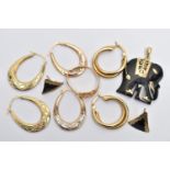 AN ASSORTMENT OF 9CT GOLD AND YELLOW METAL JEWELLERY, to include a pair of double hoop earrings with