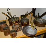 A QUANTITY OF COPPER PLATED SAUCEPANS ETC, comprising a set of six graduated saucepans, graduated