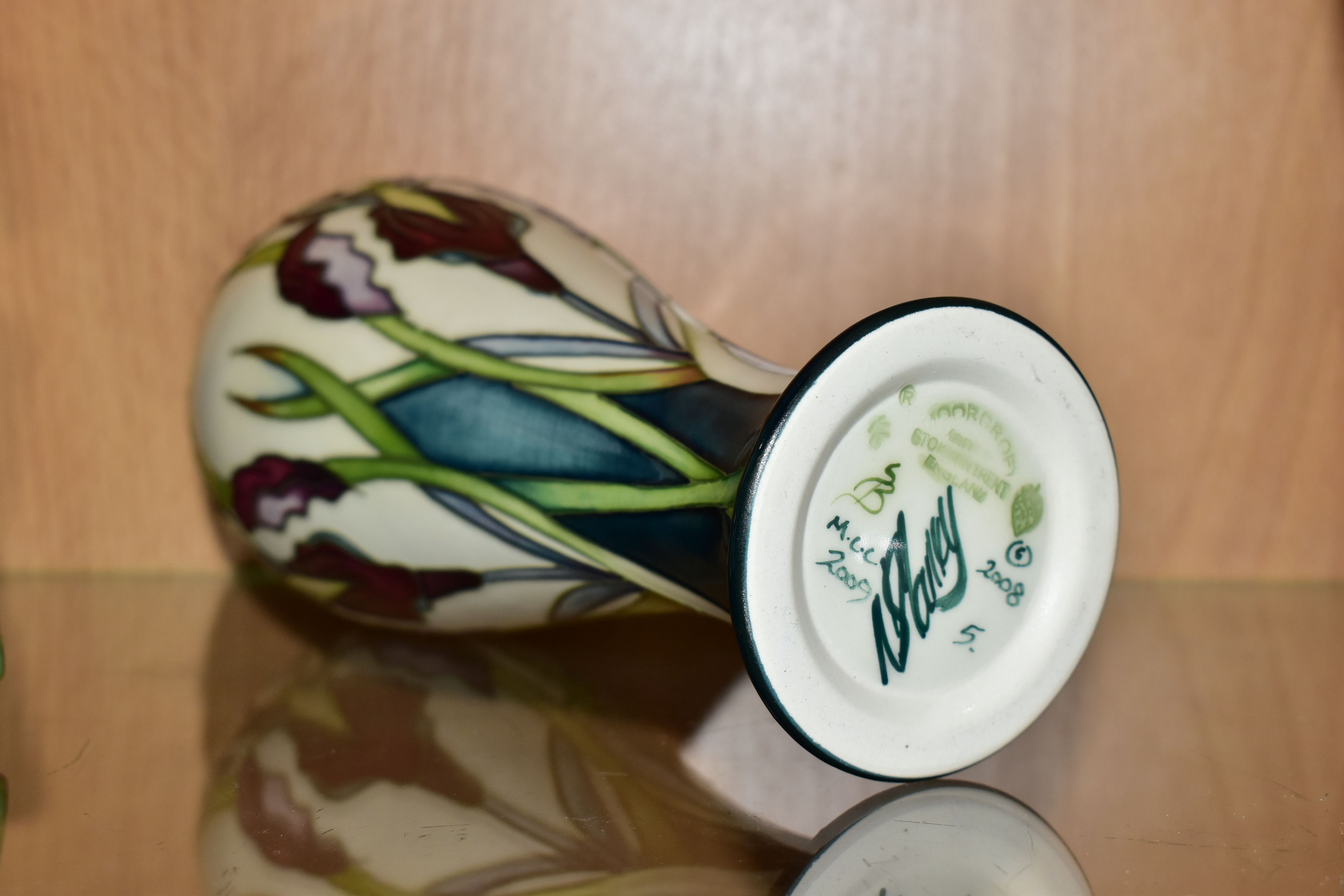 A MOORCROFT POTTERY 'ANTHEIA' VASE, of slender baluster form, decorated with purple irises on a - Image 4 of 4