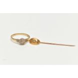 A 9CT GOLD DIAMOND CLUSTER RING AND A DIAMOND STICK PIN, slightly tiered round cluster, set with