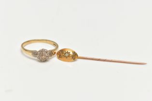 A 9CT GOLD DIAMOND CLUSTER RING AND A DIAMOND STICK PIN, slightly tiered round cluster, set with