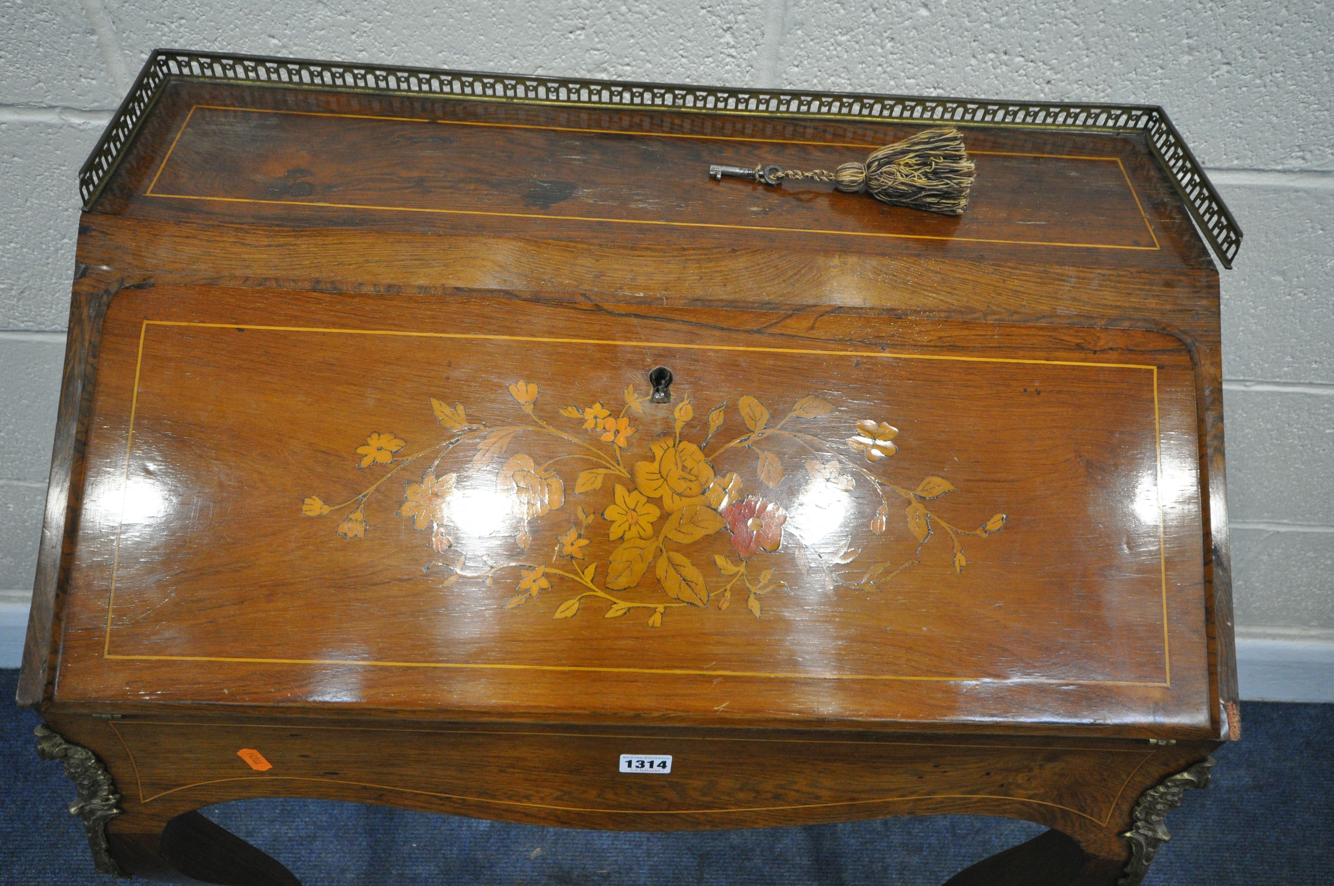 A LOUIS XVI STYLE KINGWOOD AND MARQUETRY INLAID BUREAU DE DAME, with a brass gallery, the fall front - Image 2 of 5