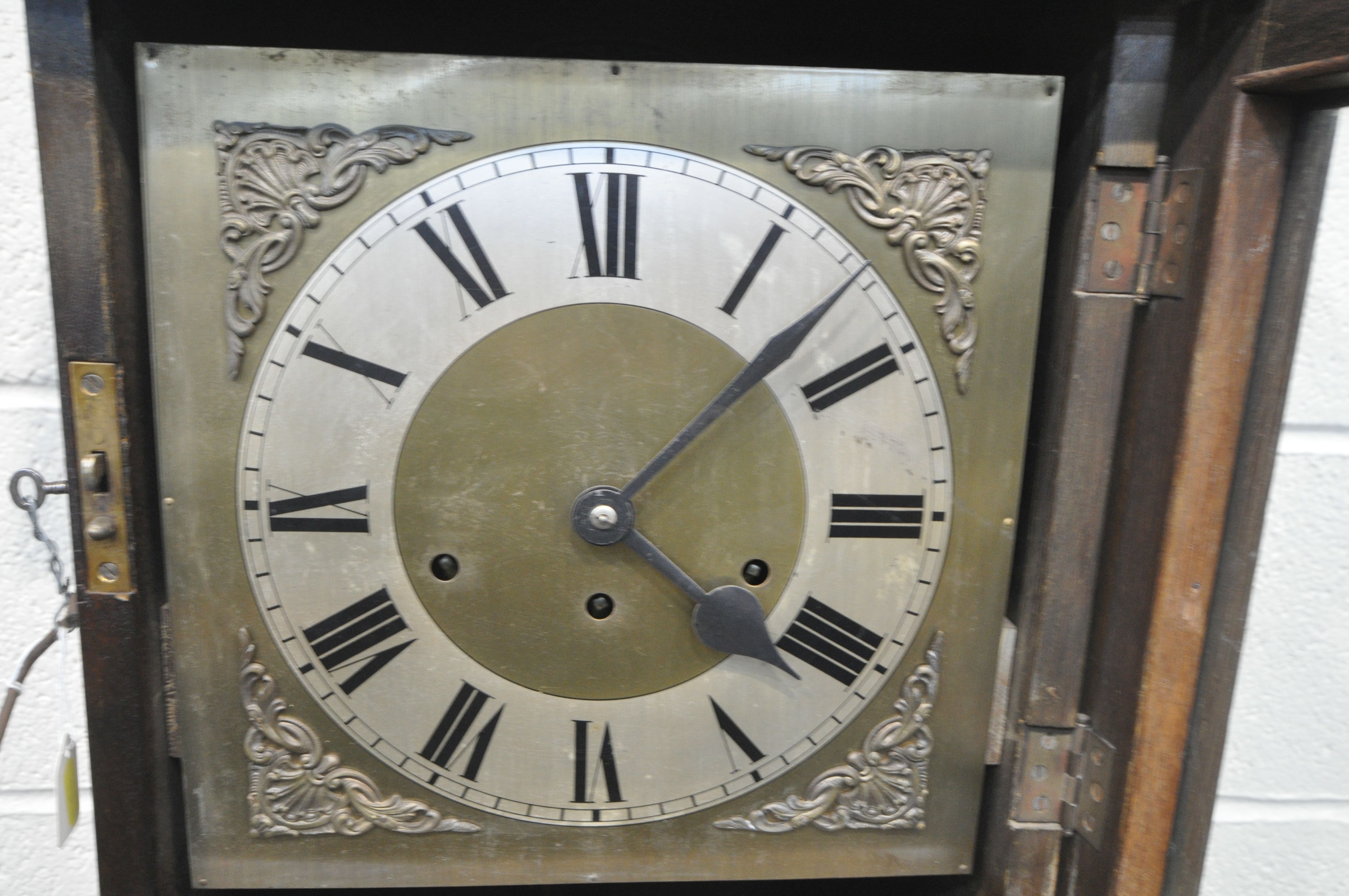 AN EARLY TO MID 20TH CENTURY OAK LONGCASE CLOCK, with a brass and silvered 9 inch dial, Roman - Image 2 of 5