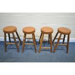 A SET OF FOUR OAK STOOLS, with studded tanned leather seats Labelled Howard R Knott, Tideswell (