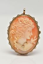 A 9CT GOLD HABILLE CAMEO BROOCH, carved oval shell cameo, depicting a lady in profile, dressed