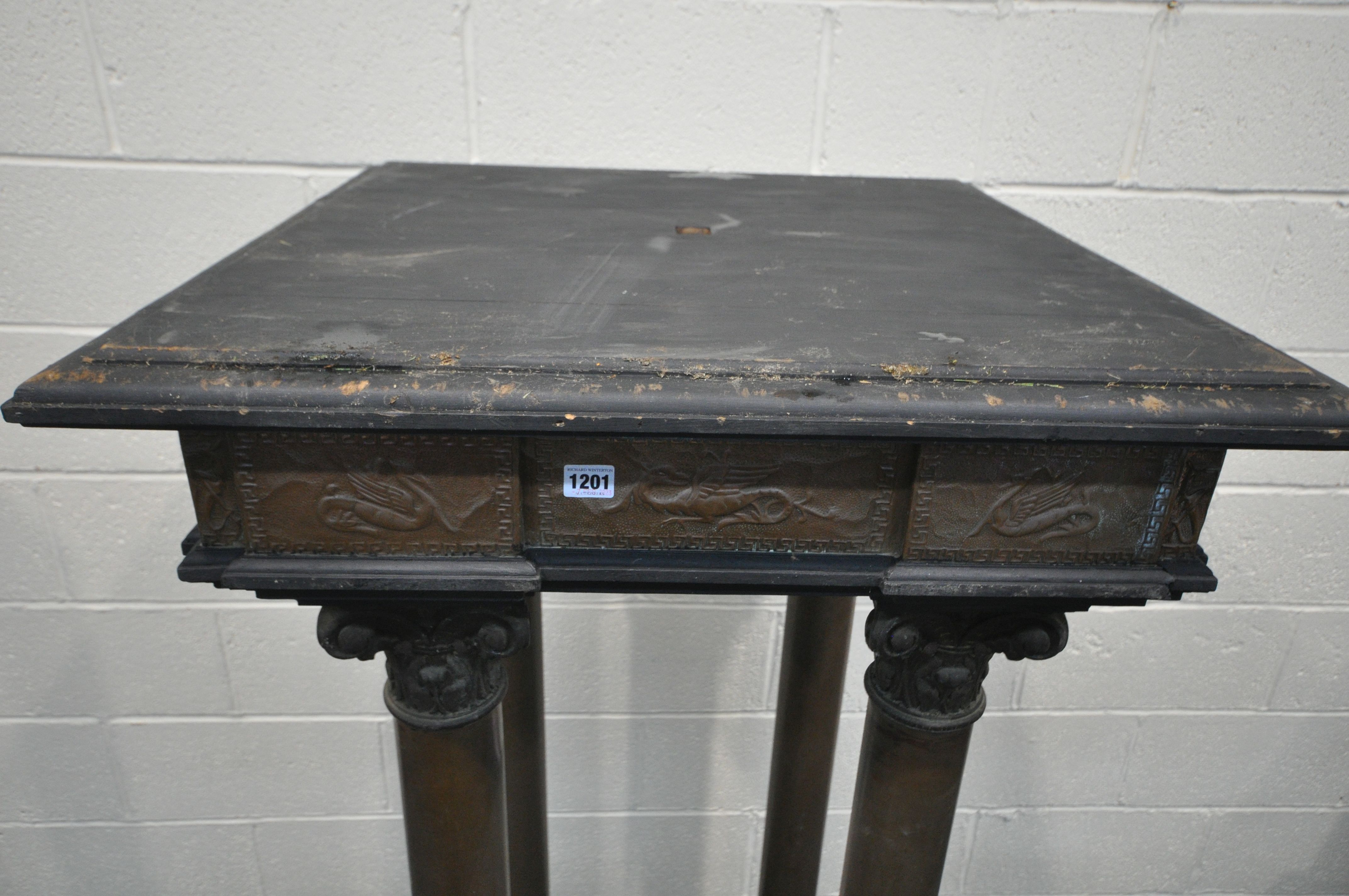 AN 19TH CENTURY FRENCH COLUMN PEDESTAL, with later ebonised wood, embossed brass work panels, on - Image 2 of 8