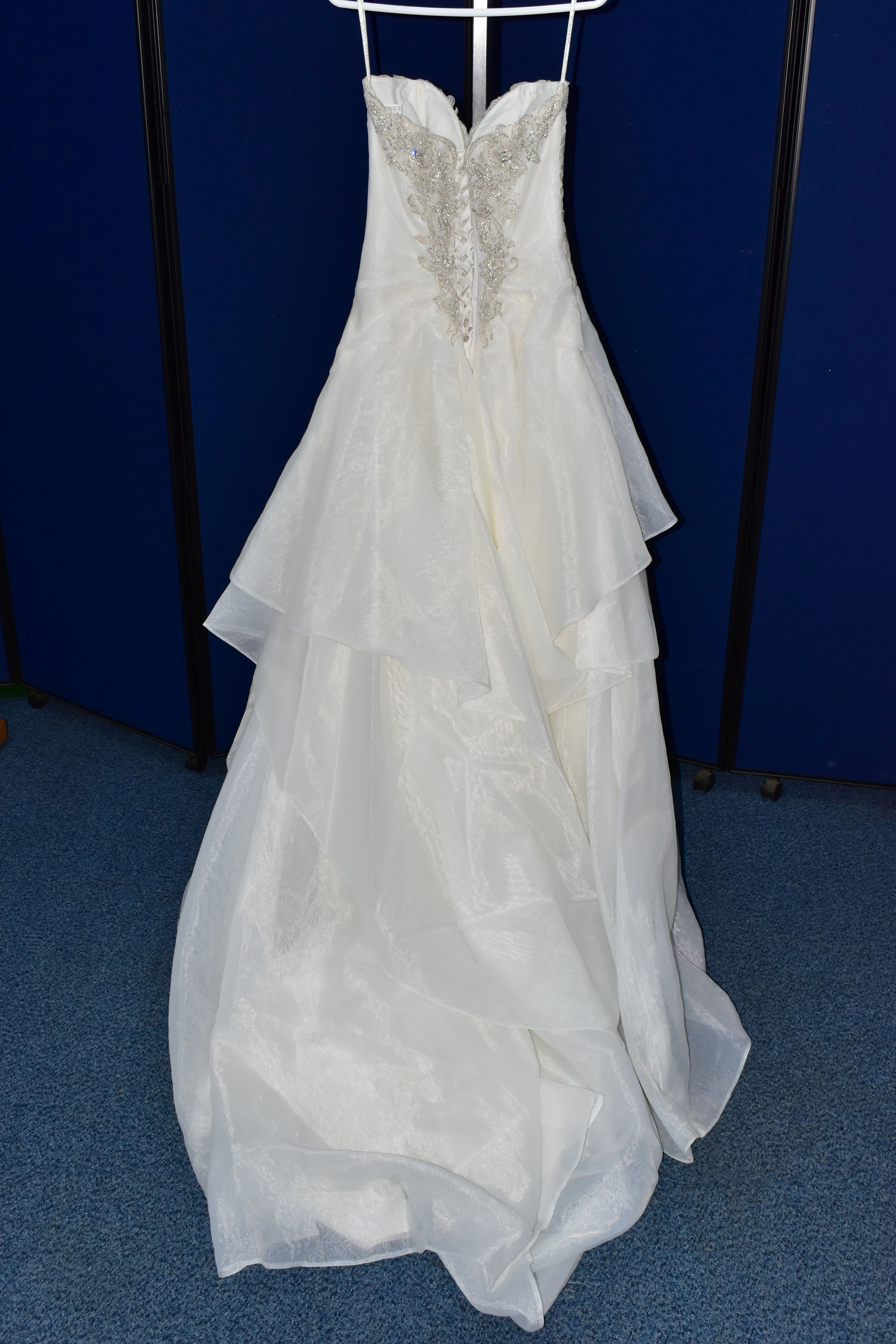 WEDDING DRESS, size 6, long train, pewter accent beaded appliques, strapping detail in the back, - Image 8 of 10