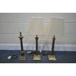 A PAIR OF 20TH CENTURY BRASS COLUMN TABLE LAMP, with fabric shades, and a Laura Ashley Corinthian