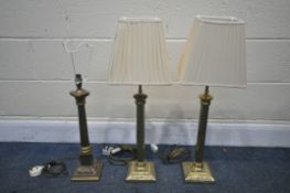 A PAIR OF 20TH CENTURY BRASS COLUMN TABLE LAMP, with fabric shades, and a Laura Ashley Corinthian