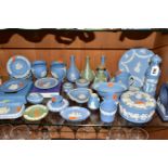 A COLLECTION OF WEDGWOOD JASPERWARES, mainly light blue pieces, to include six vases, tallest