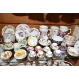 A COLLECTION OF MINIATURE COALPORT TEA CUPS AND ASSORTED PORCELAIN, comprising two Coalport tankards