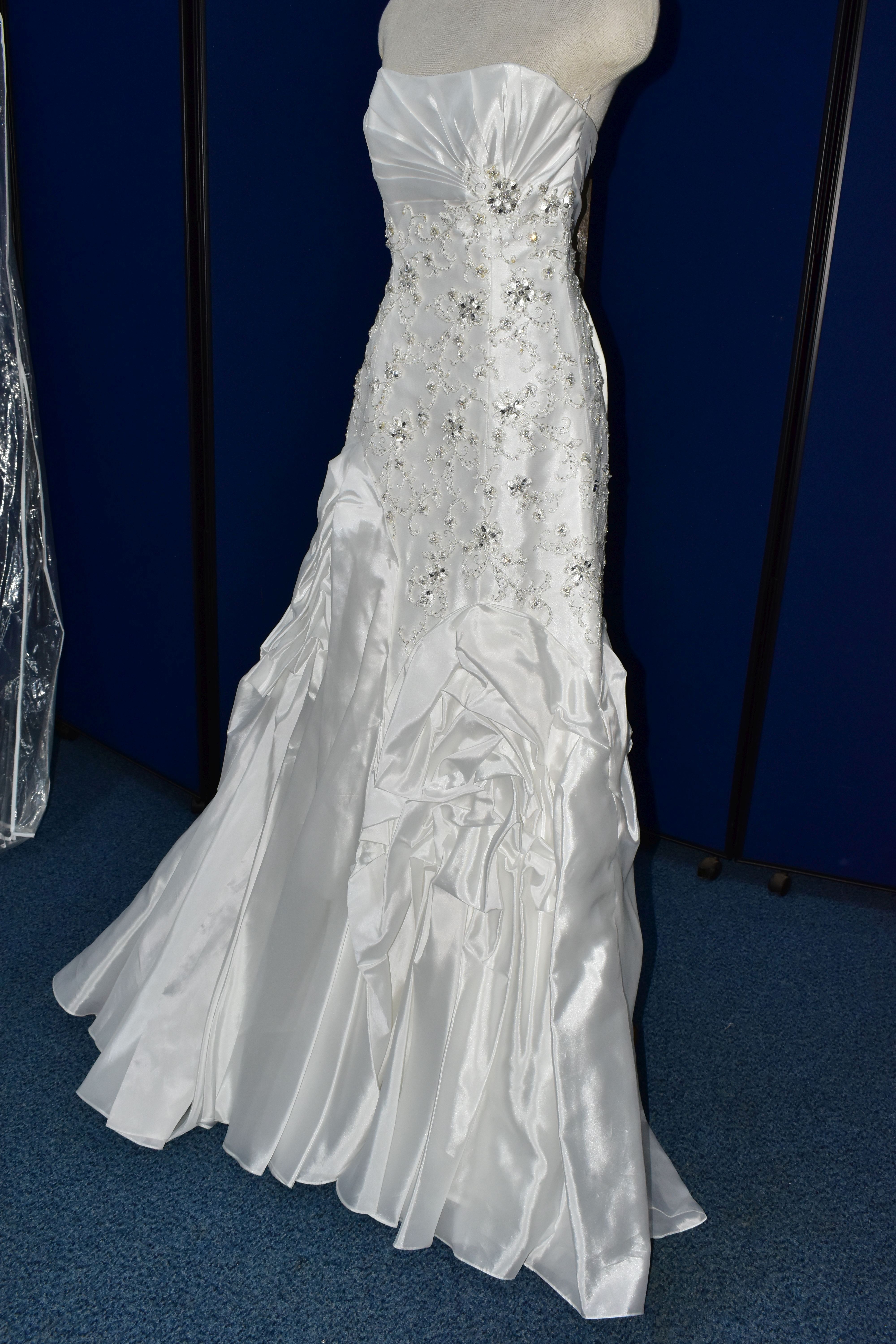 WEDDING GOWN, 'Sophia Tolli' white satin, size 8, strapless, ruched skirt, beaded detail on - Image 8 of 17